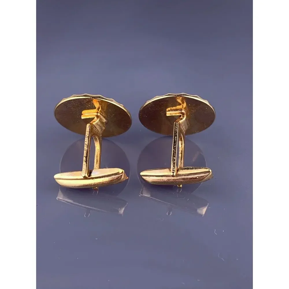 Round White Rhinestone Gold Tone Cufflinks Textured Mid Century Simple Vintage